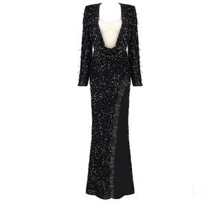 Cowl Neck Long Sleeve Sequined Maxi Prom Dress